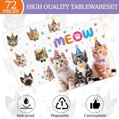 HiEnjoin 72PCS Cat Birthday Plates Napkins Forks Set