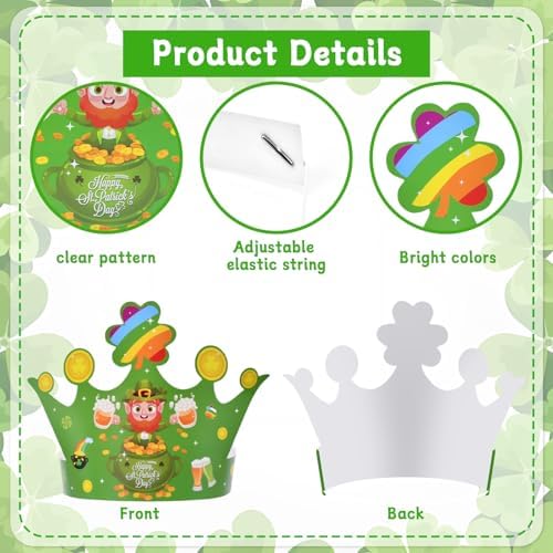 12 Pcs St Patricks Day Paper Crowns - 4 Designs