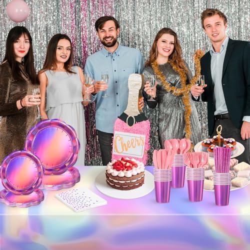 200 Pcs Iridescent Pink Party Plates and Napkins Set