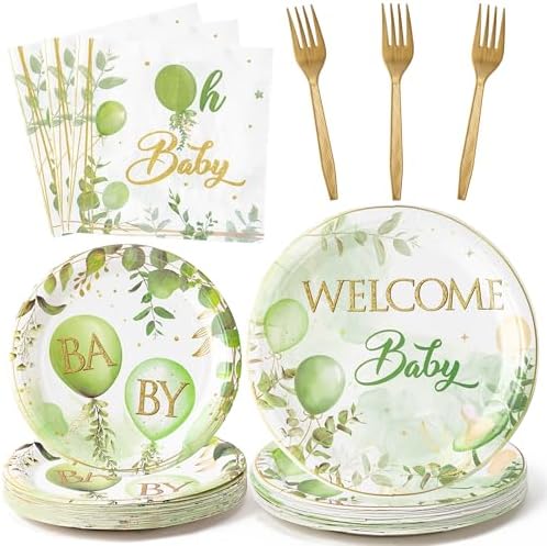 Welcome Baby Greenery Party Plates for 24 Guests
