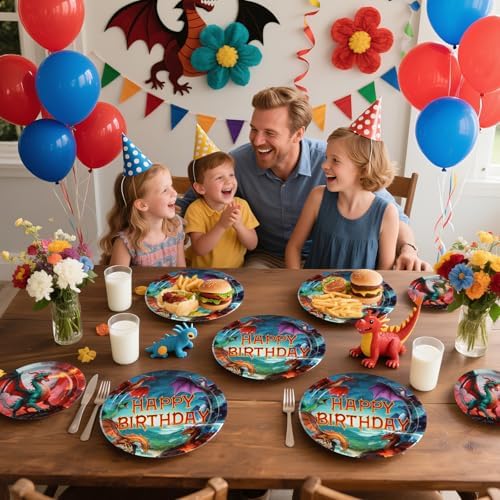 Grencian 96Pcs Dragon Birthday Party Plates and Napkins Set for Kids Boys Fantasy Celebration