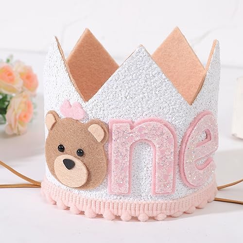 1st Birthday Teddy Bear Crown for Girls - Pink Bear Party Hat