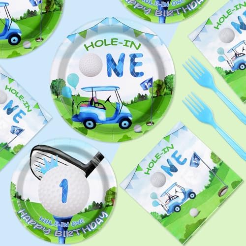 Grencian 96 Pcs Golf Themed First Birthday Plates Napkins Forks Set