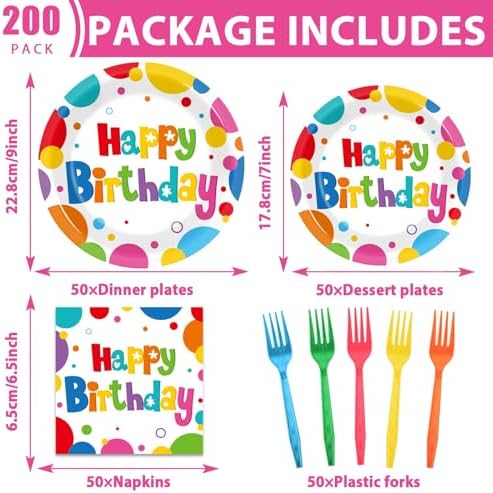 200Pcs Rainbow Birthday Plates Tableware Set for 50 Guests