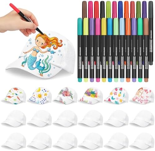 Funnysoft 16 Piece White Blank Baseball Caps with 24 Colors Fabric Markers Adjustable Kids Hats for DIY Custom Painting