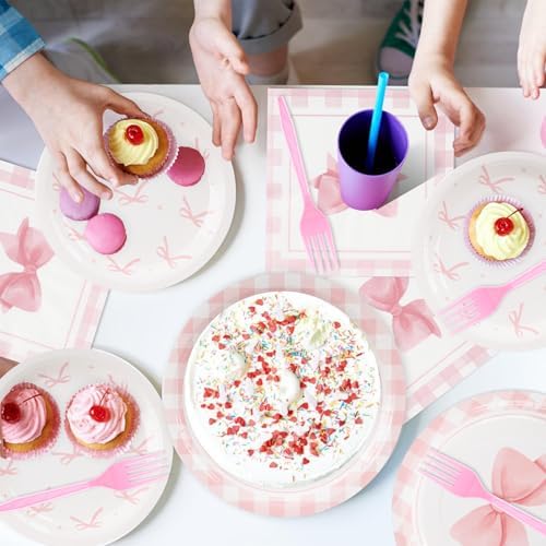 200Pcs Pink Bow Party Plates Napkins Forks Set