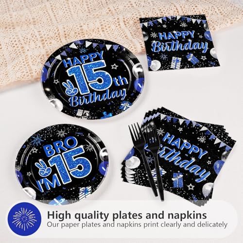 Grencian 96Pcs 15th Birthday Plates for Boys Blue Black Party Set