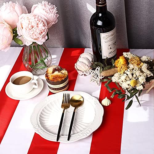 Elcoho 2 Pack 54x107 Inch Plastic Red and White Stripes Tablecloths for Carnival Movie Night Decorations