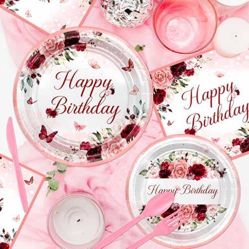 Burgundy Birthday Party Decorations 169 Pcs Plates Napkins Cups Tablecloth