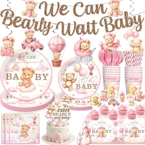 152 PCS Pink Bear Baby Shower Decorations Tableware Set for 20 Guests