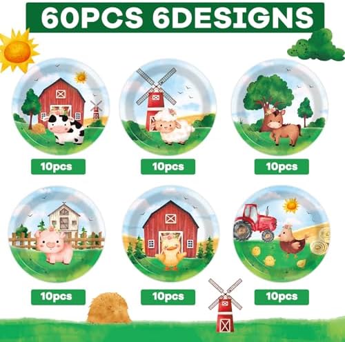60Pcs Farm Animal Plates 7 Birthday Party Supplies