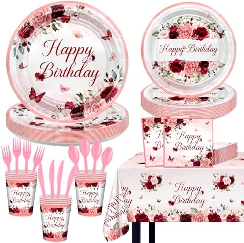 Burgundy Birthday Party Decorations 169 Pcs Plates Napkins Cups Tablecloth