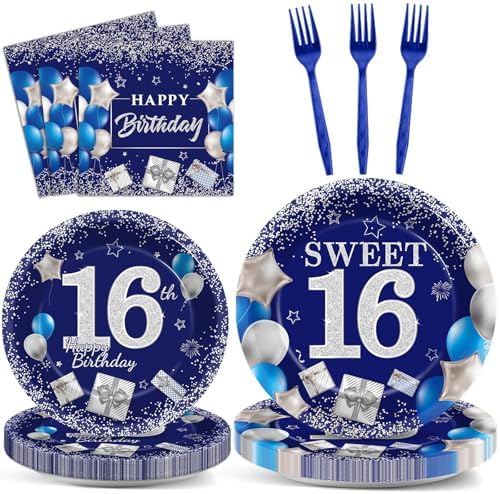 16th Birthday Plates Napkins Forks Set Blue Silver for 24 Guests
