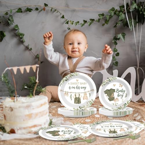 Sage Green Baby Shower Plates Napkins Tableware Set 24 Guests
