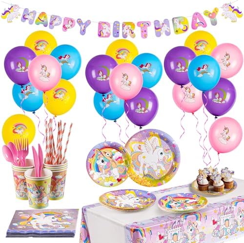 136 Pcs Unicorn Birthday Decorations Party Supplies Kit for Girls