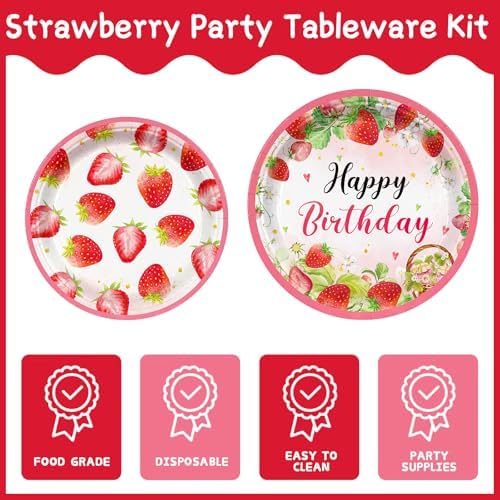 188pcs Strawberry Party Supplies Plates Napkins Tablecloth Banner Balloons for Kids Birthday Celebration