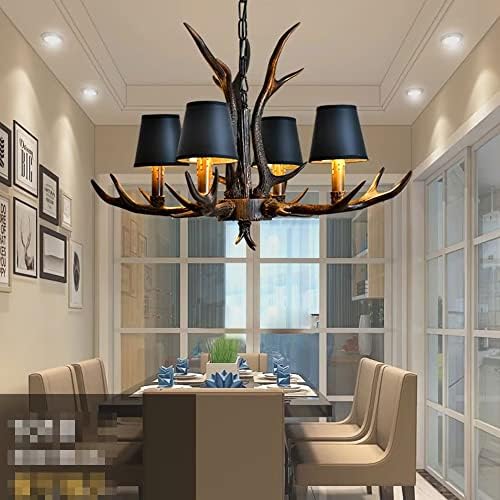 Vintage Farmhouse Candle Resin Antler Chandelier 4 Lights with Shade