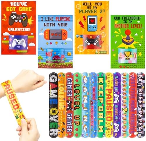 Haooryx Valentines Day Exchange Gifts - 28 Piece Game Slap Wristbands with Cards