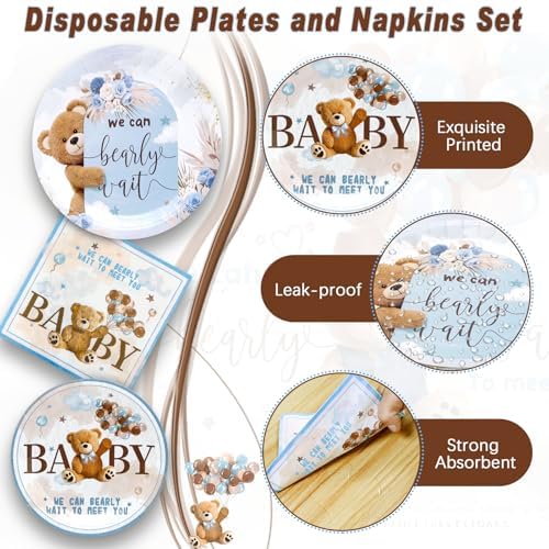 180PCS Bear Baby Shower Decor Plates Napkins Set