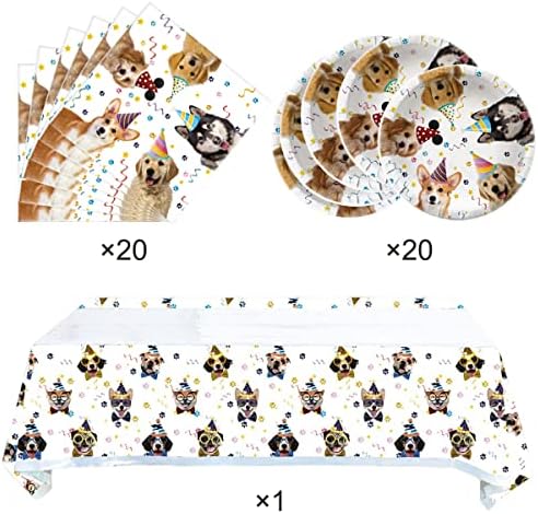 OULUN Dog Party Tableware Set 20 Plates 20 Napkins Tablecloth 71x425 Dog Birthday Decorate Supplies