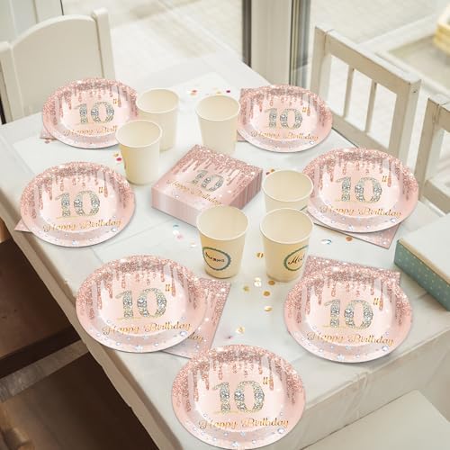50Pcs Rose Gold 10th Birthday Plates and Napkins for 25 Guests