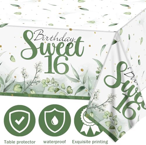 PATIAI Sweet 16 Tablecloths 3 Pack Sage Green Rectangle 16th Birthday Decor