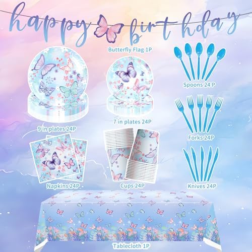 Butterfly Themed Party Supplies Set for 24 Guests Blue