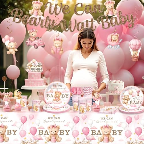 152 PCS Pink Bear Baby Shower Decorations Tableware Set for 20 Guests