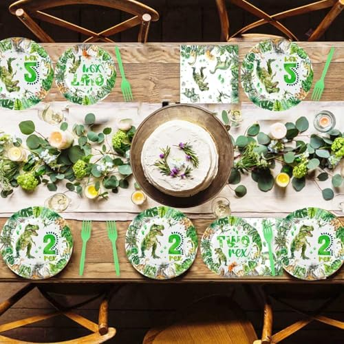 Letromp 80 Pcs Watercolor Dinosaur 2nd Birthday Tableware Set