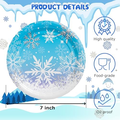 AFZMON 50 Pack Frozen Party Plates 7 Inch Snowflake Themed Disposable Round Plates for Christmas Winter Wonderland