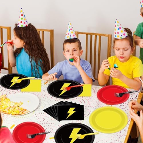 96PCS Red Black Yellow Birthday Party Plates and Napkins for Kids