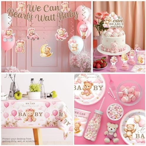 152 PCS Pink Bear Baby Shower Decorations Tableware Set for 20 Guests