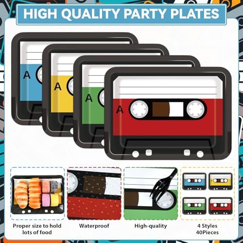 40PCS Retro Cassette Tape Paper Plates for 70s 80s 90s Parties