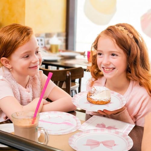 200Pcs Pink Bow Party Plates Napkins Forks Set