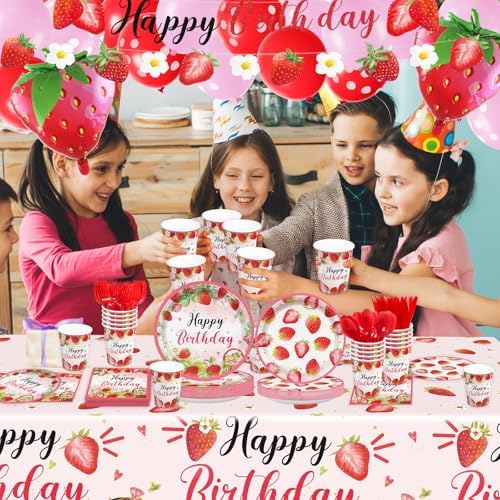 188pcs Strawberry Party Supplies Plates Napkins Tablecloth Banner Balloons for Kids Birthday Celebration
