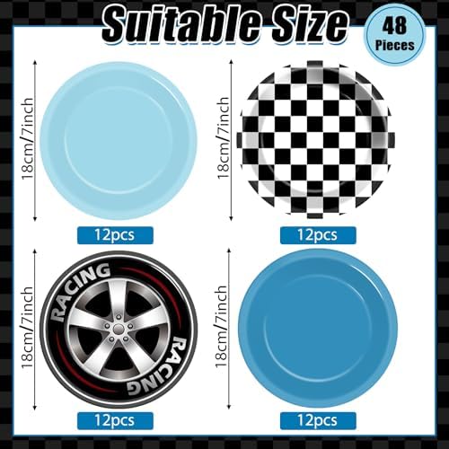48Pcs Race Car Birthday Plates 7 Inch Black White Fast Plates