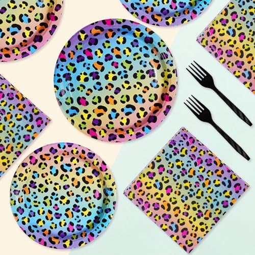 96 Pcs Rainbow Leopard Party Supplies Set for 24 Guests