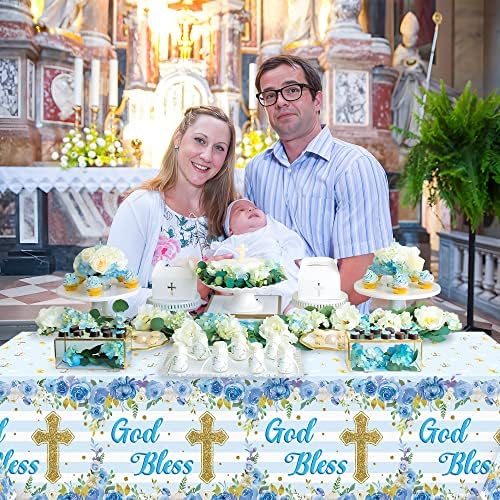 3 Packs Blue Baby Boy Baptism Tablecloths with Cross and Flowers