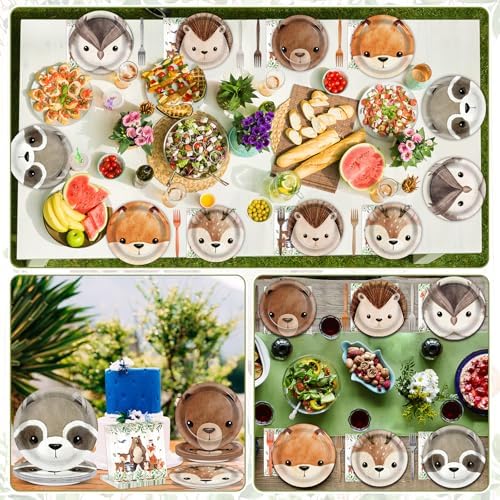 Chunnin 96Pcs Woodland Party Plates Napkins for Animal Themed Events