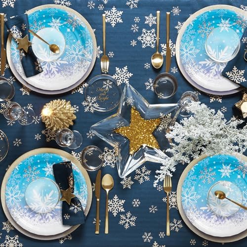 AFZMON 50 Pack Frozen Party Plates 7 Inch Snowflake Themed Disposable Round Plates for Christmas Winter Wonderland