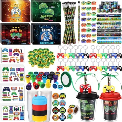 110 Pcs Gamer Party Favor Set with Cups Stickers Keychains and More