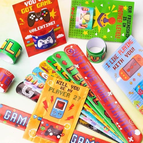 Haooryx Valentines Day Exchange Gifts - 28 Piece Game Slap Wristbands with Cards