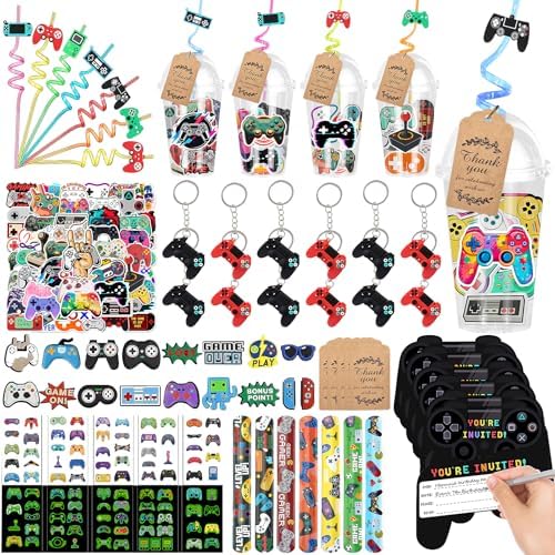 Gaming Party Favors Set with Keychains Stickers Straws