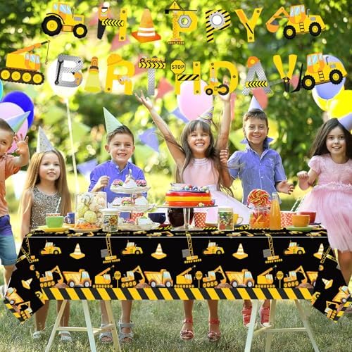 3 Pieces Construction Table Cloth 54x108 Inch Dump Truck Table Covers for Boys Birthday Party Supplies and Decorations