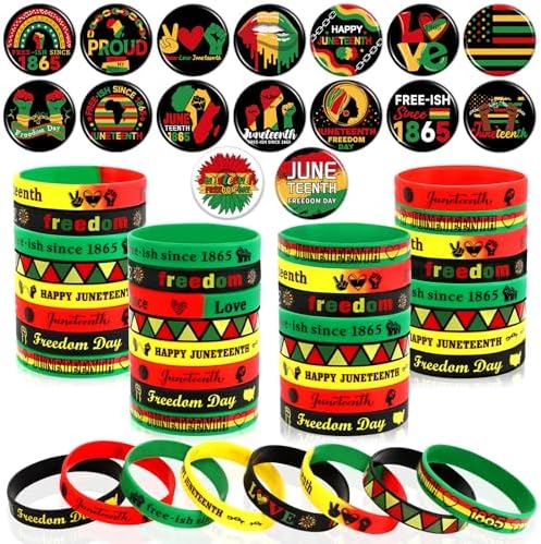 64PCS Juneteenth Party Favors Set Freedom Day Button Badges Pins Bracelets Decorations Bag Fillers