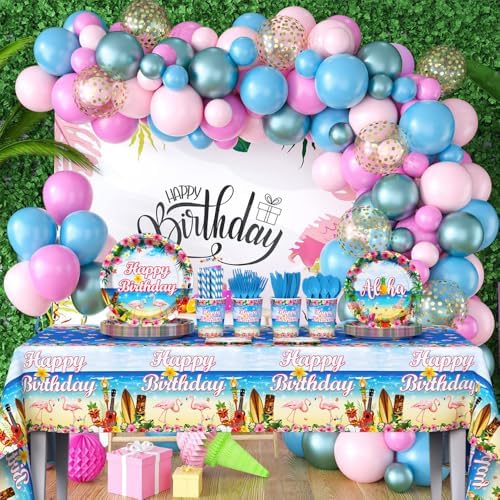 194pcs Hawaiian Aloha Birthday Decorations Set for 24 Guests