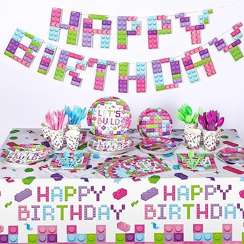 Gejoy 171 Pcs Building Block Birthday Party Tableware Kit for Girls