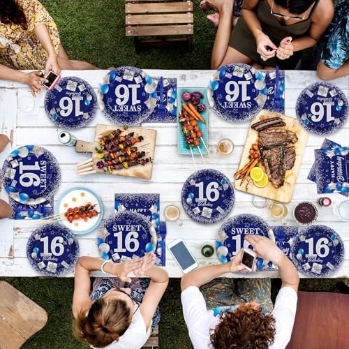 16th Birthday Plates Napkins Forks Set Blue Silver for 24 Guests