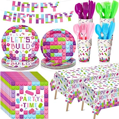 Gejoy 171 Pcs Building Block Birthday Party Tableware Kit for Girls