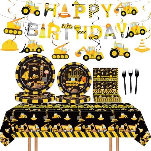 3 Pieces Construction Table Cloth 54x108 Inch Dump Truck Table Covers for Boys Birthday Party Supplies and Decorations